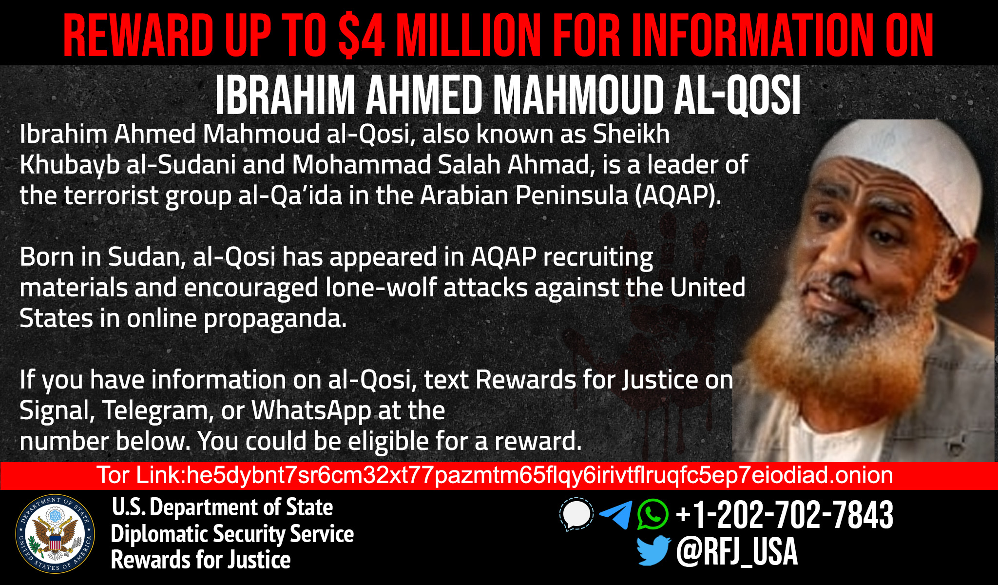 Rewards for Justice على X: &ldquo;Up to $4 Million for Info on al-Qosi 