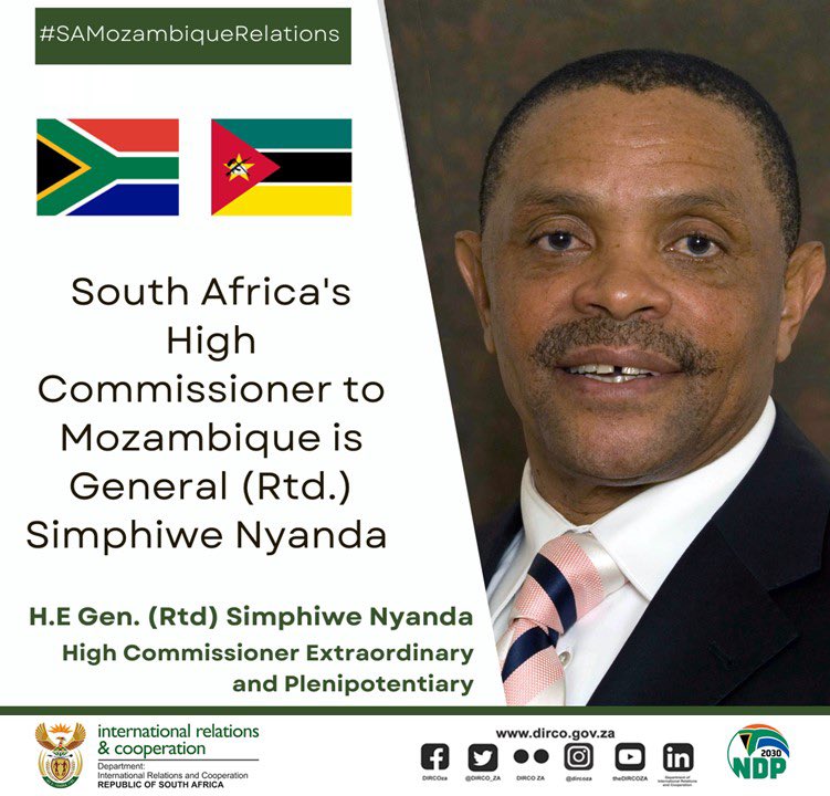 DIRCO_ZA's tweet photo. #BilateralRelations | South Africa’s High Commissioner (HC) to Mozambique is General (Rtd) Simphiwe Nyanda. High Commissioner Nyanda previously served as Minister of Communications from 11 May 2009 until 2010. https://t.co/F6xIiAI4hY