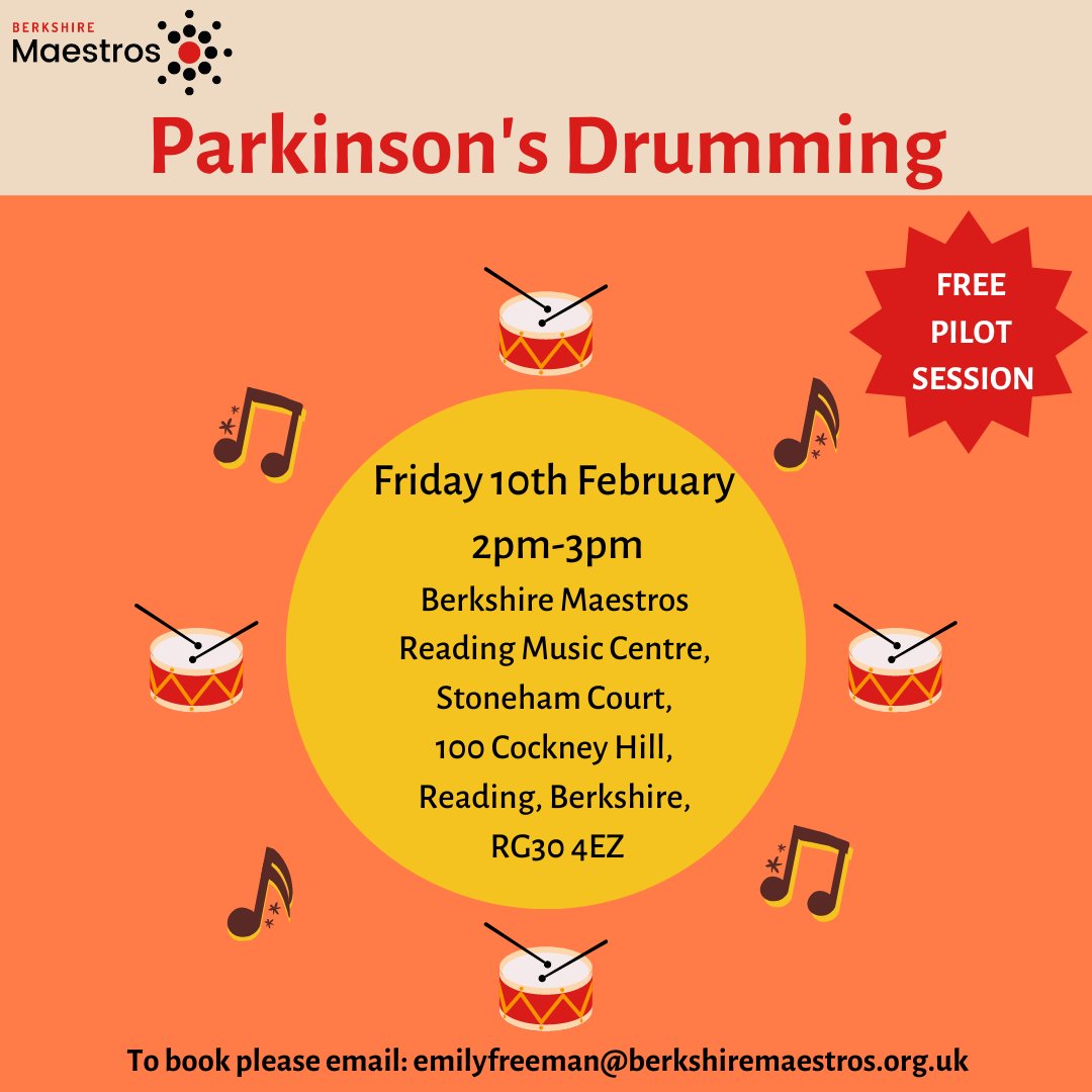 berksmusictrust's tweet photo. FREE PILOT SESSION!

We are running a FREE session for people with Parkinson's to come along and learn the drums on Friday 10th of February 2pm-3pm🥁

To book a space please email emilyfreeman@berkshiremaestros.org.uk https://t.co/AzkLCPu5ux