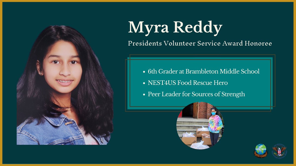 #Happy to #honor 1 of our youngest #youth #volunteers, <a href="/BAM_MS_Official/">Brambleton Middle</a> 6th grader Myra Reddy, with the President’s #Volunteer #Service #Award. Myra serves as a Sources of Strength #Peer #Leader &amp; is an active #NEST4US #hungerhero! #Congrats Myra! 👏 #PVSA nest4us.org