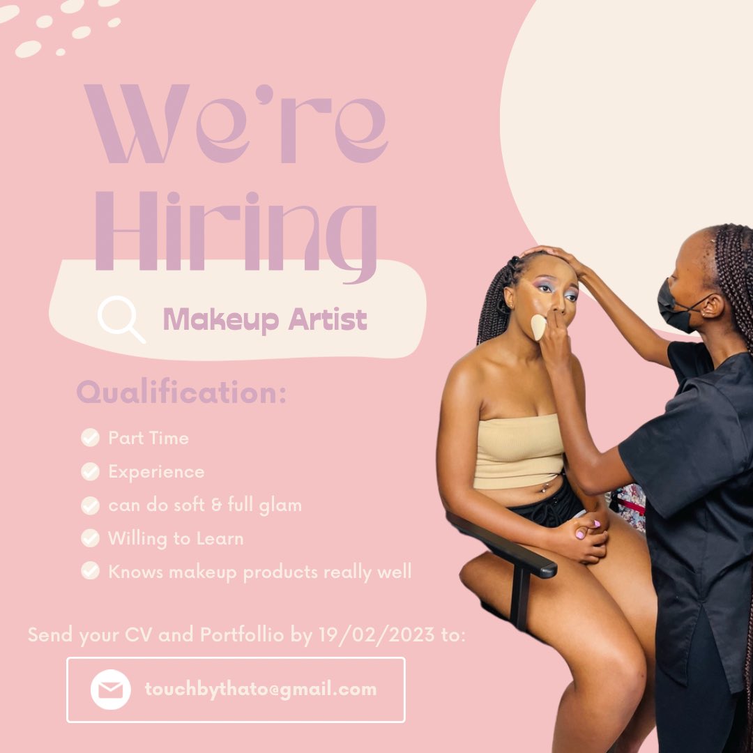 thatodinalane's tweet photo. ๐จWEโRE HIRING
Hey loves
Weโre looking for a part-time makeup artist & Brow Tech to join the Touch by Thato team, so if you know anyone tell them to apply or if you are that someone please send those CVs through
Looking forward to the applications ๐
#GirlsTalkZA #mua #browtech https://t.co/gczPlsvNl8