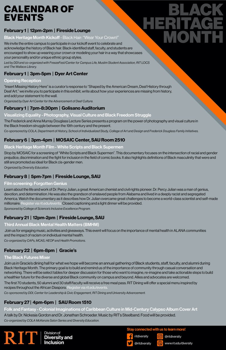 RITDiversity's tweet photo. #Blackheritagemonth is HERE! The #RIT community is invited to join us for our kickoff celebration at 12pm in the Fireside Lounge. Also make sure you check out the numerous other events happening this month. #RITDiversity https://t.co/lDFtHxaSw9