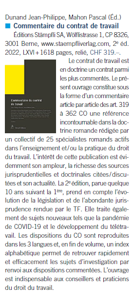 Heureux de partager la première recension du Commentaire @Staempfli_droit  du contrat de travail parue dans la revue TREX
#DroitSocial #droitdutravail #travail #rh #hr