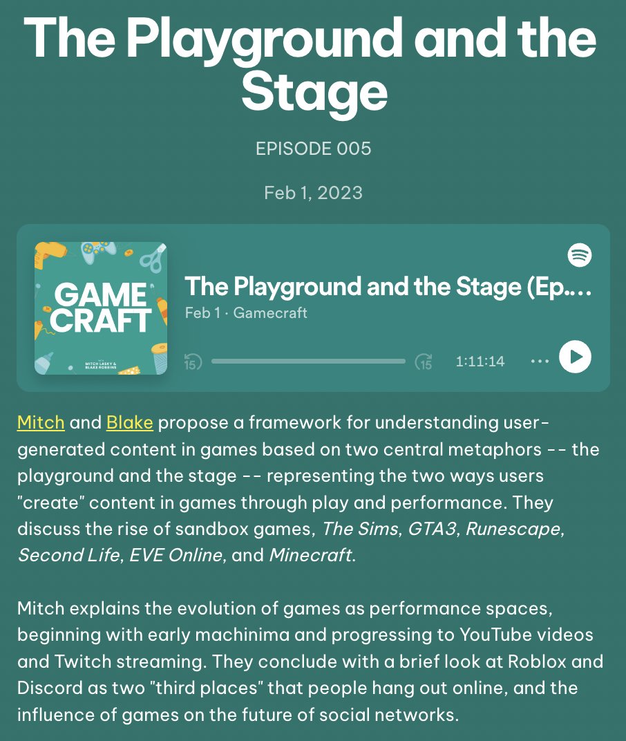 [new episode] The Playground and the Stage (Ep. 5) - User Generated Content in Games - The rise of sandbox games (The Sims, GTA, Runescape, Minecraft, etc.) - Evolution of games as performance spaces - Roblox & Discord as 'third places' Now available on all platforms!