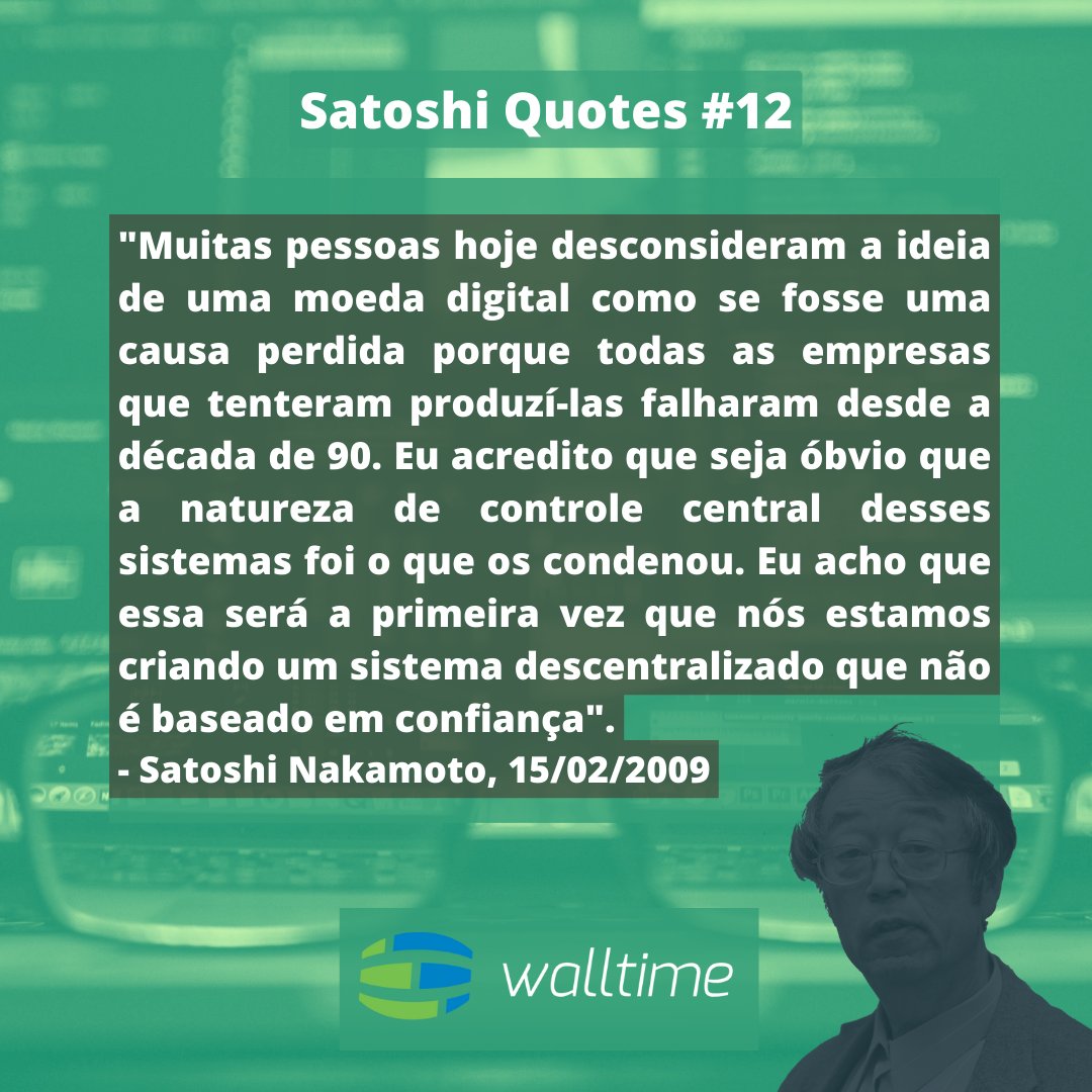 walltimedotinfo's tweet photo. Satoshi Quotes #12
https://t.co/TrfAE6OMiJ

Mais uma citação do gênio por trás do Bitcoin, dessa vez ele explica como a descentralização foi um fator fundamental no sucesso da criptomoeda.

#gowall #walltime #bitcoin #criptomoedas #follow https://t.co/F9mRPpB4tv