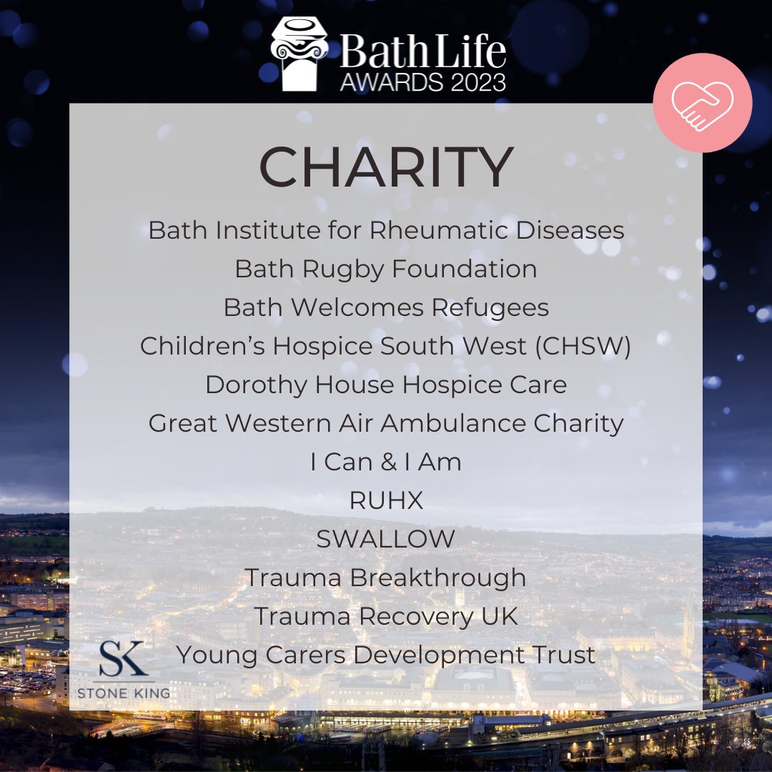 🫶 Charity Finalists: @birdbathcharity, @BR_Foundation, @BathRefugees, @CHSW, @DorothyHouseHC, @GWAAC, @ican_and_iam, @ruhxcharity, @SWALLOWcharity, @_BreakthroughUK, @trauma_recovery and Young Carers Development Trust.

Congratulations! #BathLifeAwards
Sponsor: @StoneKingLLP