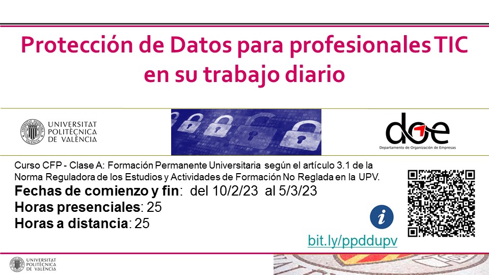 ¿Conoces que es la protección de datos y cómo se aplica en tu trabajo diario?

Te invitamos a participar  en el curso de UPV-DOE  <a href="/DoeUpv/">DOE_UPV</a> sobre la protección de datos para los profesionales  TIC en su trabajo diario. 

👉  bit.ly/3HhVaZI

 #ProteccióndeDatos