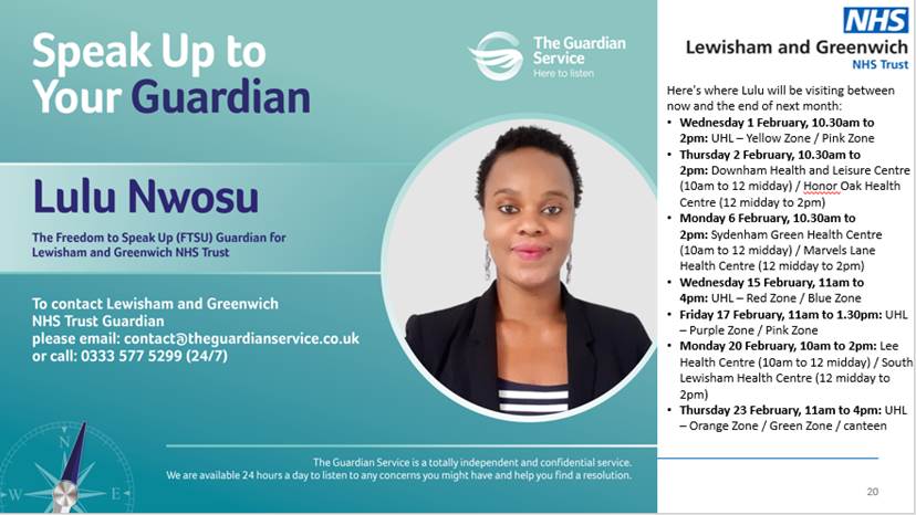 Lulu - The Guardian Service (@lulu_ftsu) on Twitter photo Thank you to <a href="/LG_NHS/">Lewisham and Greenwich NHS Trust</a> staff working in the Pink & Yellow zones for welcoming me today& allowing me to adorn the walls of your staff areas with <a href="/TheGuardian_S/">The Guardian Service</a> posters! Promotional visits are set to continue across site on a regular basis. #SpeakUp #ListenUp #FollowUp #EmployeeVoice Thank you to <a href="/LG_NHS/">Lewisham and Greenwich NHS Trust</a> staff working in the Pink & Yellow zones for welcoming me today& allowing me to adorn the walls of your staff areas with <a href="/TheGuardian_S/">The Guardian Service</a> posters! Promotional visits are set to continue across site on a regular basis. #SpeakUp #ListenUp #FollowUp #EmployeeVoice