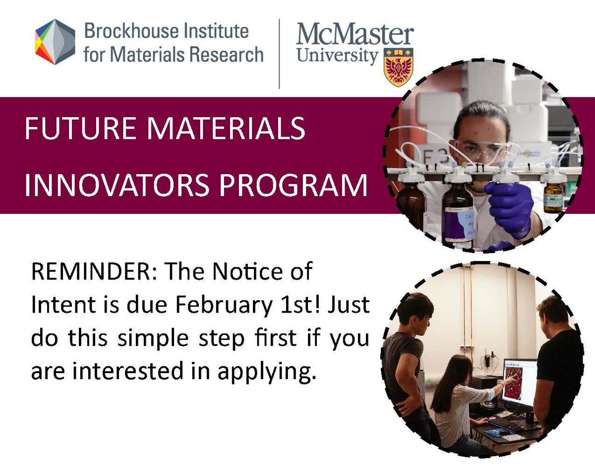 Future Materials Innovators Program: Reminder that the Notice of Intent is due today! If you are planning on submitting a proposal, don't forget this quick step today. Download the NOI here: brockhouse.mcmaster.ca/initiatives/fu…