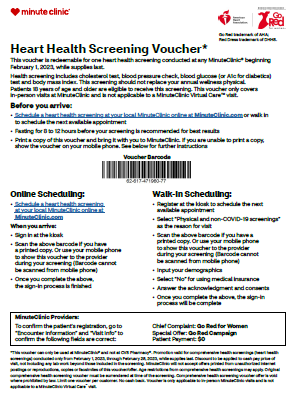 Feb. is National Heart Health Awareness month &amp; MinuteClinic is offering free heart health screenings to women &amp; men ages 18 years &amp; older, while supplies last. You do not need to be a member of HISD’s medical plan to participate. Use the pictured voucher. Contact 1-866-389-2727.