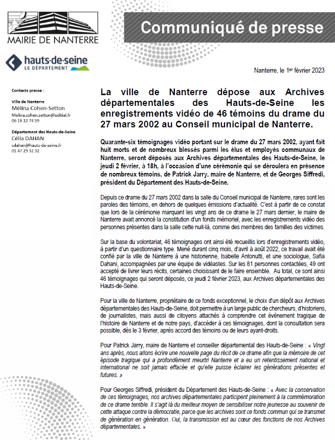 VilleNanterre's tweet photo. #CommuniquédePresse
La ville de Nanterre dépose aux #archives @hautsdeseinefr les #enregistrements vidéo de 46 #témoins du #drame du #27mars2002, au conseil municipal de #Nanterre. ⤵️ https://t.co/LIbh6BLhjJ