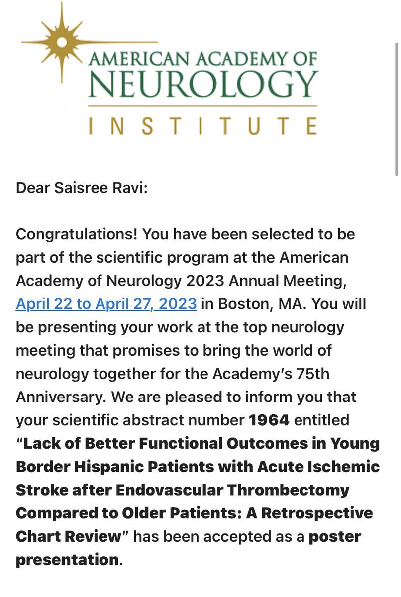 Saisree Ravi, MD (@saisreeravimd) on Twitter photo Excited to present our work at the <a href="/AANmember/">American Academy of Neurology</a> national conference in April! Thank you <a href="/AmeerEHassan/">Ameer E. Hassan</a> and <a href="/sohum_md/">Sohum Desai</a> for your support and guidance with this project. Look forward to connecting with future colleagues! π§ π
#AANAM #AAN2023 #neurology #neurotwitter #MedTwitter #stroke Excited to present our work at the <a href="/AANmember/">American Academy of Neurology</a> national conference in April! Thank you <a href="/AmeerEHassan/">Ameer E. Hassan</a> and <a href="/sohum_md/">Sohum Desai</a> for your support and guidance with this project. Look forward to connecting with future colleagues! π§ π
#AANAM #AAN2023 #neurology #neurotwitter #MedTwitter #stroke