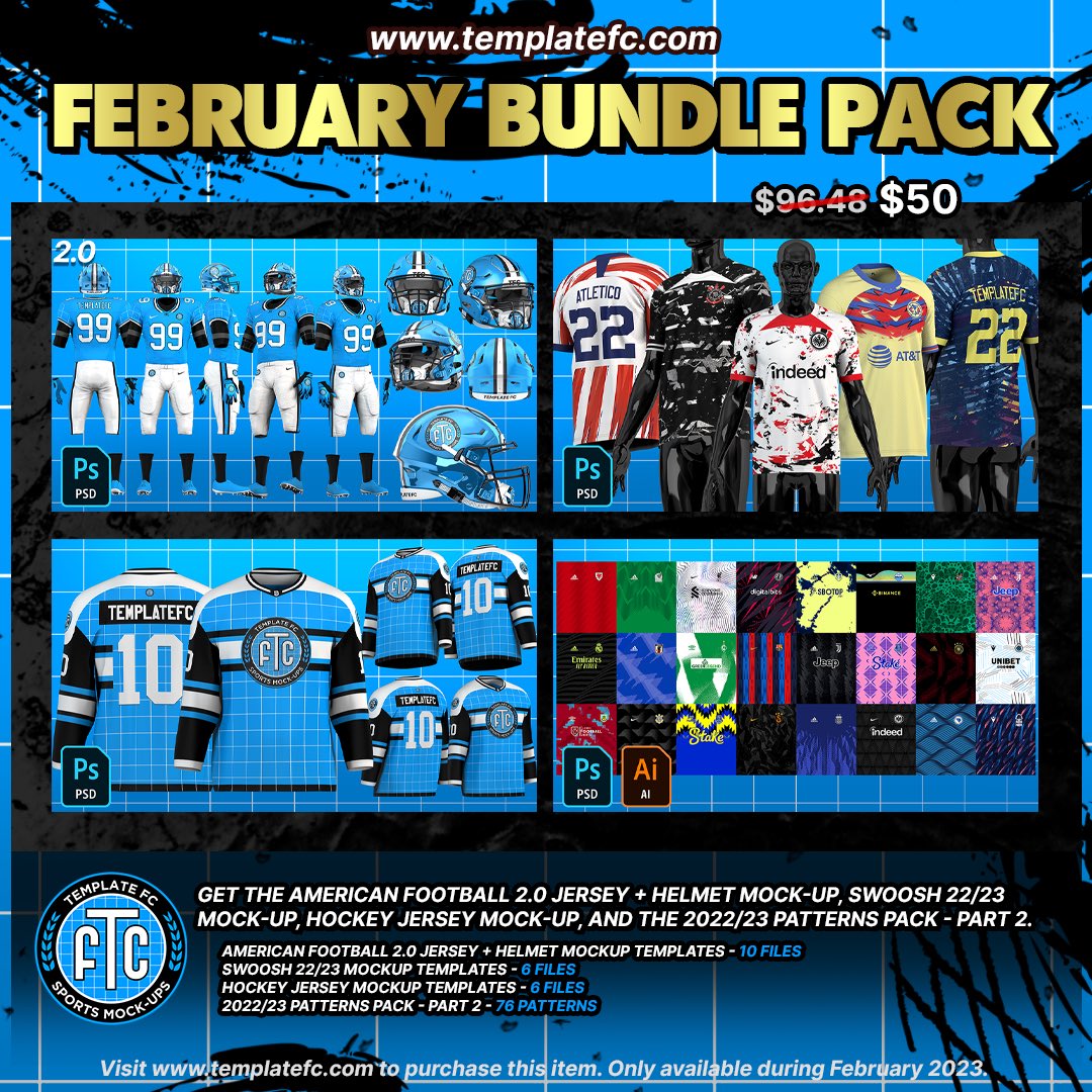 TemplateFC's tweet photo. February Bundle Pack!

Get the American Football 2.0 Jersey + Helmet mock-ups, Swoosh 22/23 mock-ups, Hockey jersey mock-ups, and the 2022/23 Patterns Pack – part 2.

https://t.co/N4TMNzR4v5 https://t.co/sN9BzoV3To