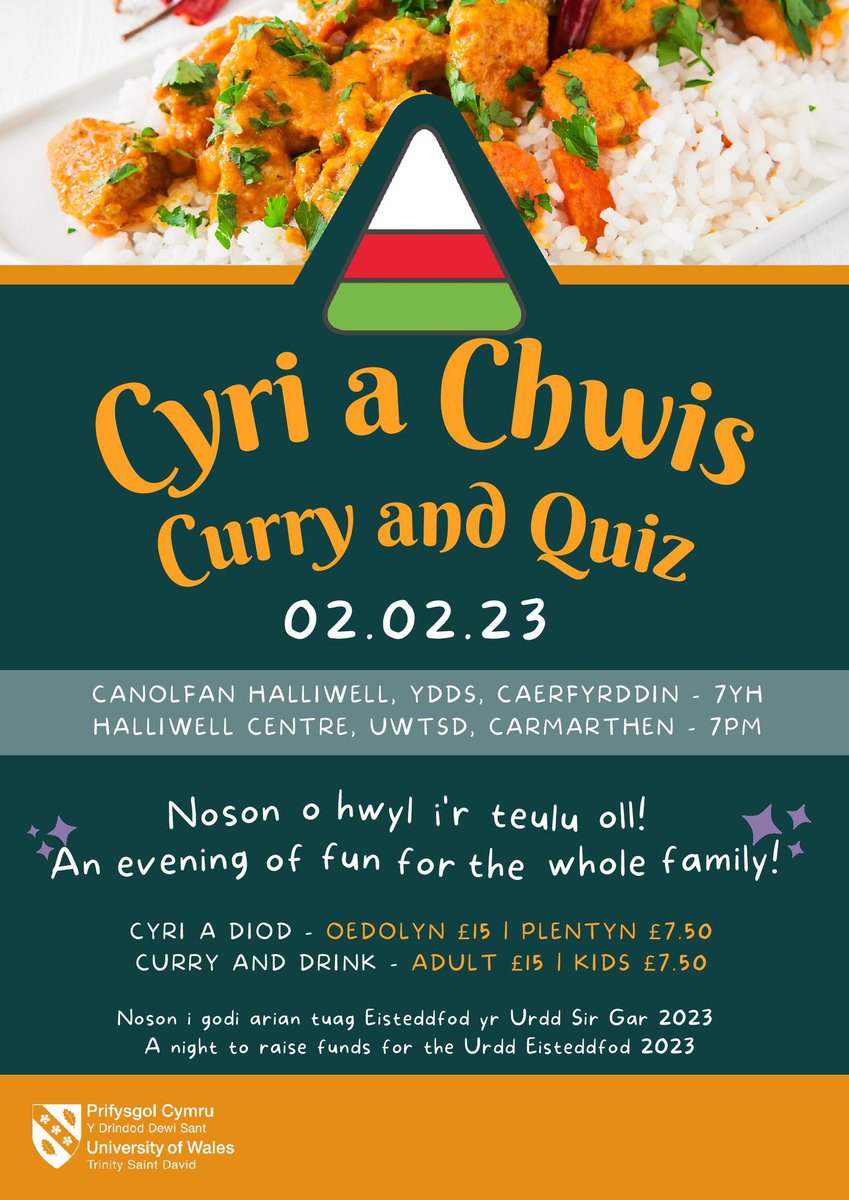 ⭐️DIWRNOD I FYND⭐️

Dewch i fwynhau cyri, cwis a chodi arian tuag at Eisteddfod yr Urdd Sir Gaerfyrddin 2023 nos yfory✏️🍛❤️

Croeso cynnes i bawb

Archebwch eich lle nawr 🎟 bit.ly/3H9Y1F6
