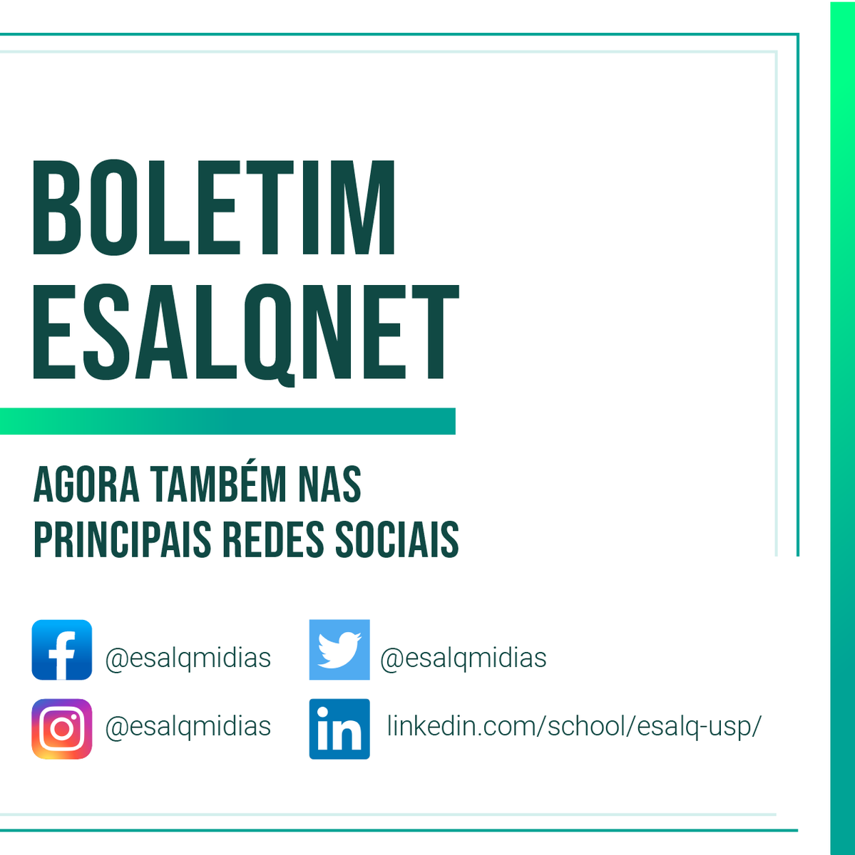 Confira os destaques do boletim EsalqNet 462.

Acesse esalq.usp.br/boletim para ter conferir o conteúdo completo.

#boletim #noticias #esalq #usp #piracicaba