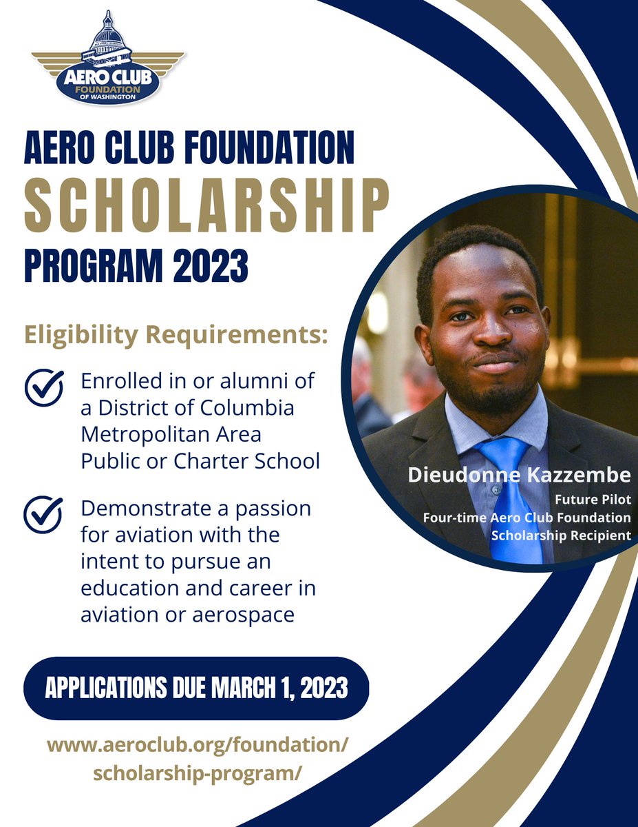 #WashingtonDC area students - this one's for you! The Aero Club Foundation is accepting #scholarship applications through March 1. Funds may be used to pay for tuition at an accredited college or university for studies in an aviation program, technical school, or flight training.