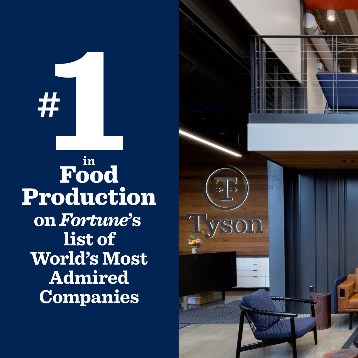 We're honored to be ranked #1 in food production for the seventh consecutive year by @FortuneMagazine on its annual Most Admired Companies list. Thank you to our team members around the world who help us strive for excellence in all we do. #TysonTogether | spr.ly/601935JjV