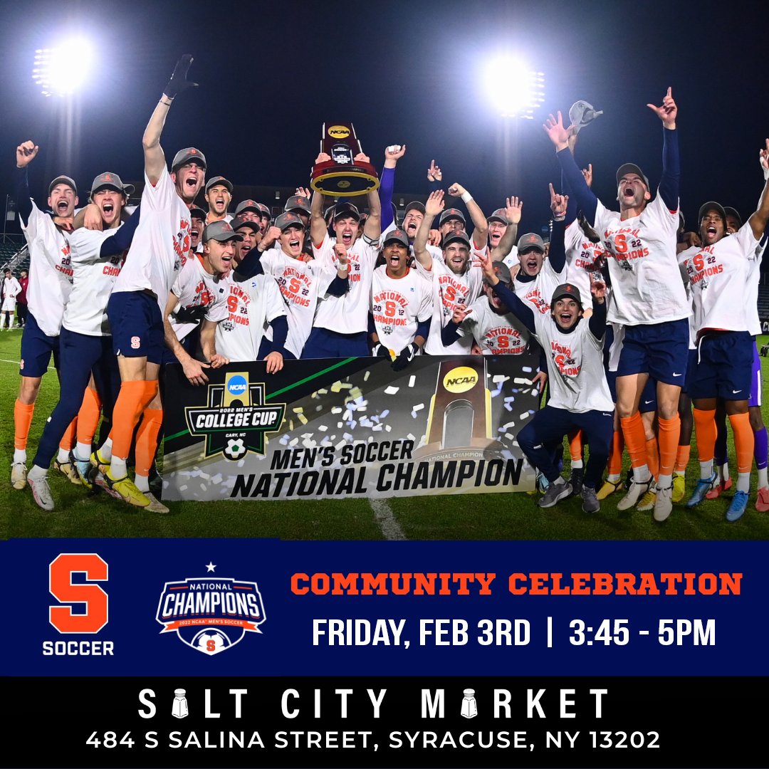 Great opportunity to show East Side Soccer support for the <a href="/cusemsoc/">Syracuse Men's Soccer</a> National Champion soccer team. Community Celebration, Friday, Feb. 3rd, 3:45-5pm, <a href="/saltcitymarket/">Salt City Market</a>. Players, coaches, cheer squad, and Otto will all be in attendance. Wear your East Side jersey! ⚽🍊🏆🎉
