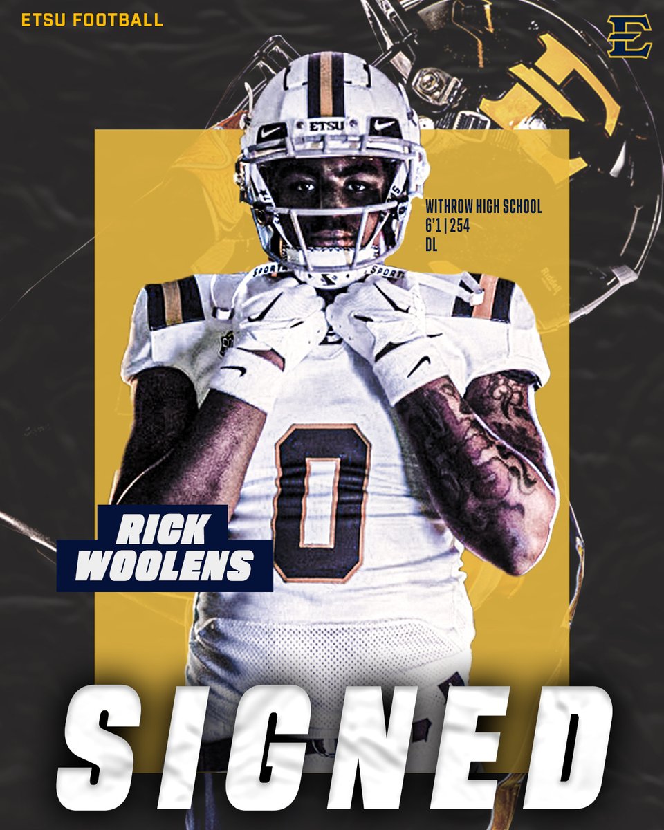 ETSUFootball's tweet photo. 𝒮𝒾𝑔𝓃𝑒𝒹 ✍️

𝙒𝙚𝙡𝙘𝙤𝙢𝙚 𝙍𝙞𝙘𝙠 𝙒𝙤𝙤𝙡𝙚𝙣𝙨❗️

🔹6'1" | 254 | DL
🔹Cincinnati, Ohio 
🔹Withrow HS
📺 https://t.co/2deOYd5Hj9

#ETSUTough | #NSD2023 https://t.co/6rfi6cdg4a