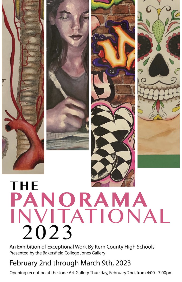 The Panorama Invitational is back! The exhibition will display the artwork of our talented student artists from February 2 through March 9. The Jones Gallery is located at Bakersfield College, 1801 Panorama Drive, in the Grace Dyke Bird Library on campus.