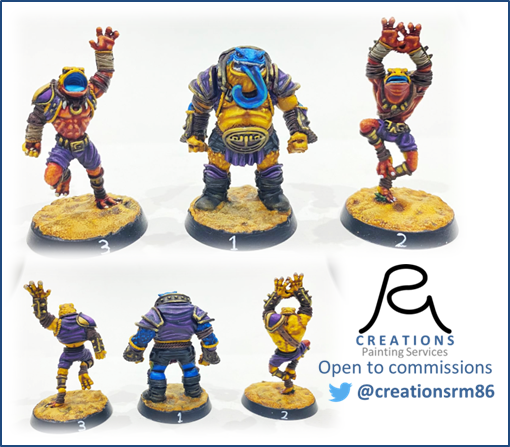 CreationsRm86's tweet photo. A not so new, but first on here, painting commission for @artfulblodger65 from #MBBL league in Birmingham
The @GreeboGames Slann Blood Bowl team
Loved painting this team up - the colours and patterns
My favourite part - their tongues
🖌️Open to commissions https://t.co/OctFiZsoK5