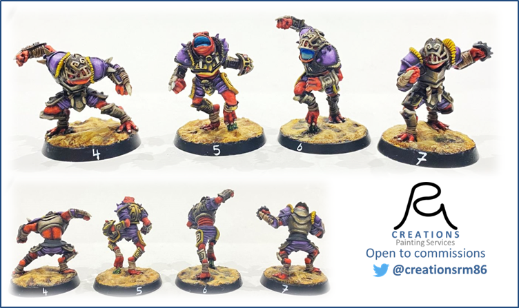 CreationsRm86's tweet photo. A not so new, but first on here, painting commission for @artfulblodger65 from #MBBL league in Birmingham
The @GreeboGames Slann Blood Bowl team
Loved painting this team up - the colours and patterns
My favourite part - their tongues
🖌️Open to commissions https://t.co/OctFiZsoK5