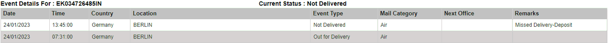tejaswini0104's tweet photo. Hi @IndiaPostOffice 
EK034726485IN is still not delivered. It was out for delivery and then shows not delivered. No responses via Email/Phone. Could you please help me locate this and notify the delivery date? https://t.co/sFKVVjKhP6