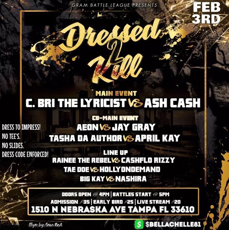 GRAMBattle813's tweet photo. βπ½ More Days Until Itβs Fashion N Violence π
#Dressed2Kill Vibes This Weekend π€Έπ½ββοΈ
Venue : 1510 N Nebraska Ave Tampa Florida π΄
Livestream : $BellaChelle81 π°$20.00
DAY 1 Info β€΅οΈ https://t.co/J4zwdK6lSx