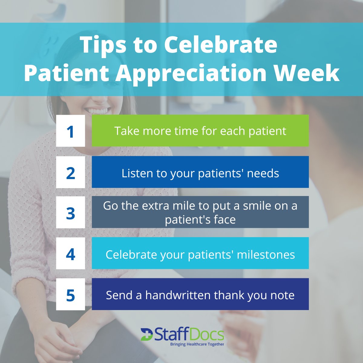 Patient Appreciation Week is February 1-7! This week is dedicated to thanking those we serve, and it's the perfect time to show your gratitude through thoughtful gestures. Use these tips to inspire you!

#patientappreciationweek #physicians #nursepractioner #doctor #locumtenens