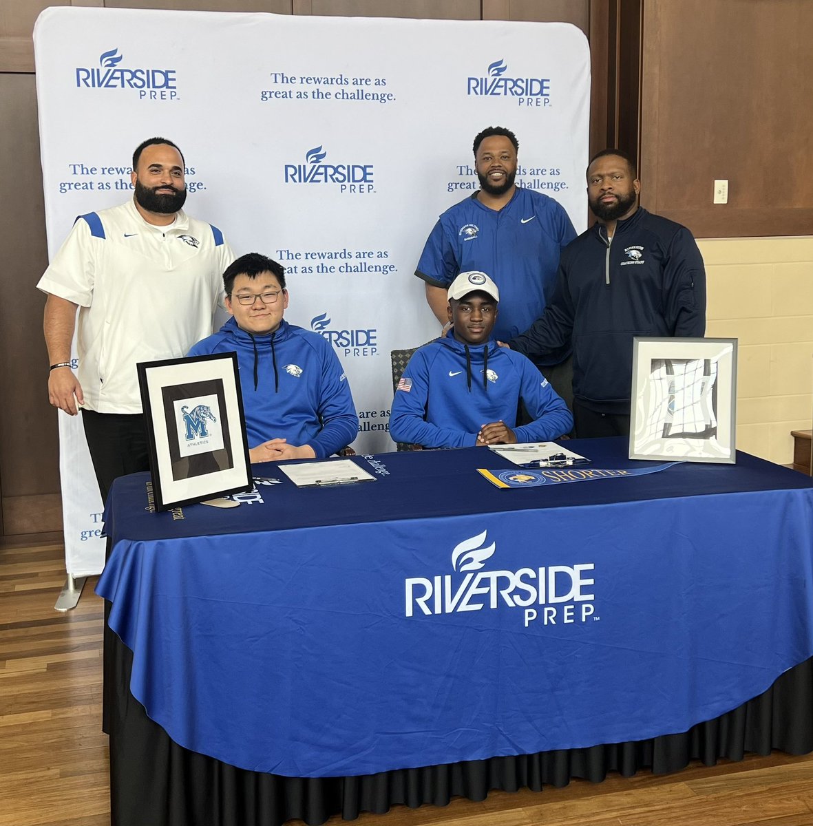 It’s a great day at Riverside, congrats to Zhang signing with Memphis and Chirombo signing with Shorter, we have two more to go to stay tuned #weproducefutureleaders <a href="/CoachPleasant11/">Coach Pleasant</a> <a href="/Dcanes40Lucas/">Derrick Lucas</a>