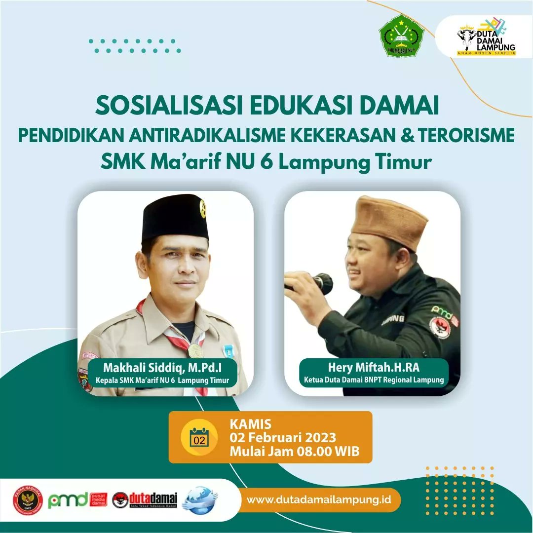 damai_lampung's tweet photo. SOSIALISASI EDUKASI DAMAI
Pendidikan Anti Radikalisme di SMK Ma'arif NU 6 Lampung Timur.
#dutadamailampung
#ghamunyensekelik
#damaiituindonesia https://t.co/FI1h7WDZQu