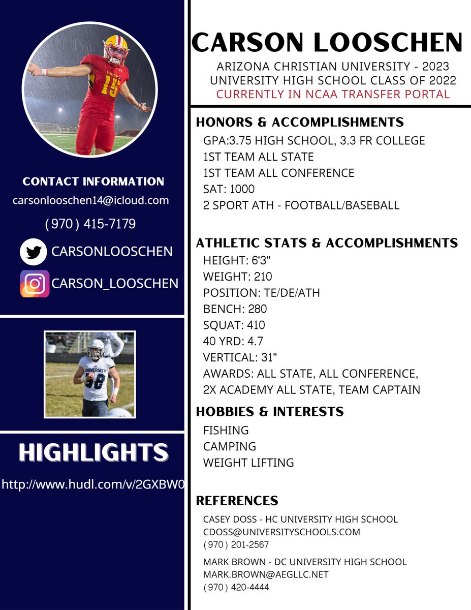 Coach Brown 🏈 (@nococoachb) on Twitter photo While some of my seniors are signing today to play at the next level, a former player who was at Ariz Christian U last year has jumped in the portal. 3+ years of eligibility. Dynamic TE/DE player. Reach out coaches...
<a href="/CarsonLooschen/">Carson Looschen</a>
<a href="/uh__football/">University Football</a> While some of my seniors are signing today to play at the next level, a former player who was at Ariz Christian U last year has jumped in the portal. 3+ years of eligibility. Dynamic TE/DE player. Reach out coaches...
<a href="/CarsonLooschen/">Carson Looschen</a>
<a href="/uh__football/">University Football</a>