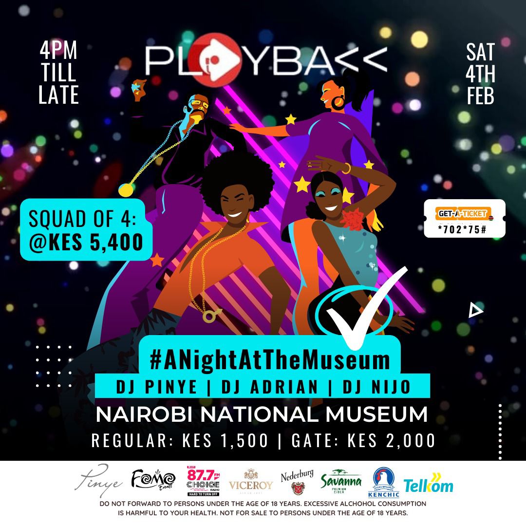 PLAYBACK: Squad of 4 tickets at 5,400/-. Squad of 6 tickets at 7,500/-. Single Regular ticket at 1,500/- (2,000/- at the gate on the day). VIP Tickets Sold Out. Tickets on getaticket.co.ke (or dial  *702*75# from your Safcom line).
<a href="/Fomo_ke/">FOMO Events ™</a> 
<a href="/davidmuriithi/">Creative Industry Ambassador</a> 
<a href="/Karismemes/">Karismemes 🇰🇪</a>