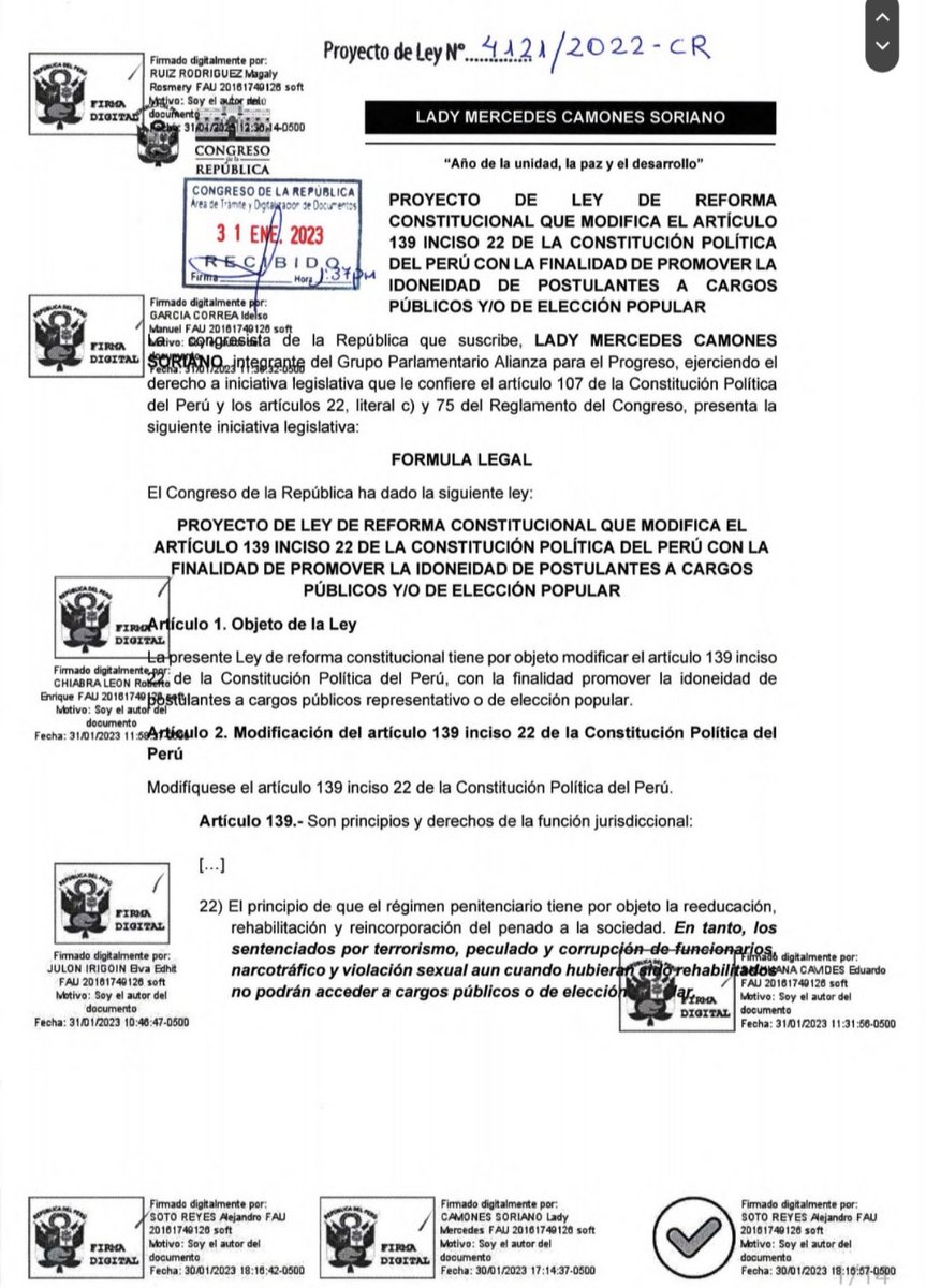 ✍🏻 PL de reforma constitucional para que los sentenciados por terrorismo, narcotráfico, violación sexual, corrupción y otros, no puedan postular a cargos de elección popular ni acceder a cargos públicos. @Partido_UP_Peru 🇵🇪