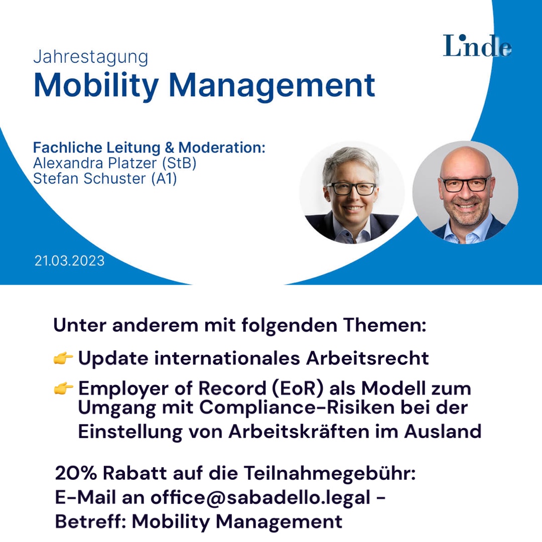 SabadelloLegal's tweet image. Wir freuen uns, dass unser #Arbeitsrechtsexperte Erwin Fuchs auch dieses Jahr wieder bei der Fachtagung Mobility Management referieren wird. Gemeinsam mit anderen ausgewiesenen Experten geht es am 21.03.2023 um wichtige Themen des internationalen Personaleinsatzes.