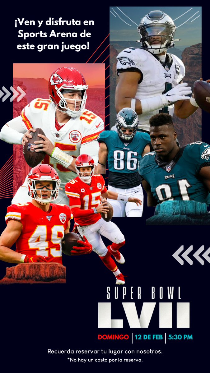 ¿Listos para ver a los Philadelphia Eagles v.s los Kansas City Chiefs?
Ven a Sports Arena y disfruta de este campeonato 🙌🏽 reserva tu lugar con nosotros. 😉
