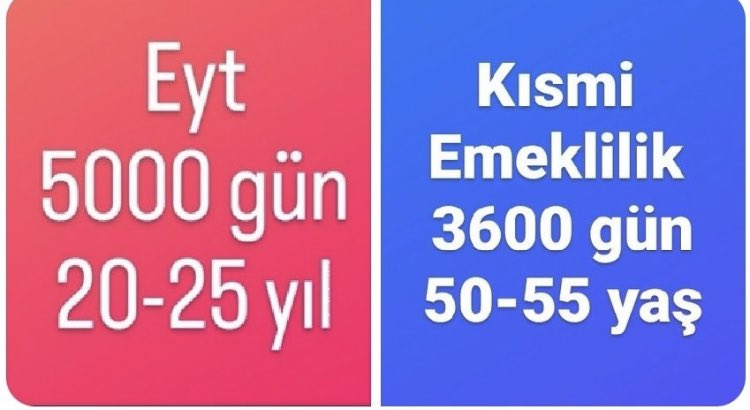 📌Kadınlar: 20 yıl 5000 
📌Erkekler: 25 yıl 5000 
Kısmi emeklilik:
📌SSK 3600 prim / 50-55 yaş
📌Bağkur 5400 prim / 50-55 yaş 
<a href="/vedatbilgn/">Vedat Bilgin</a>
<a href="/akbasogluemin/">Av. M.Emin AKBAŞOĞLU 🇹🇷</a>
#EYTdeŞartlarıKaldırın