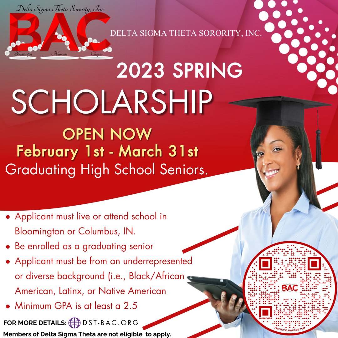 The Bloomington Alumnae Chapter of Delta Sigma Theta Sorority, Inc. is now accepting applications for the 2023-24 Scholarship! The scholarship is for high school seniors residing in Bloomington, IN. or Columbus, IN. Apply before March 31, 2023.  docs.google.com/forms/d/e/1FAI…