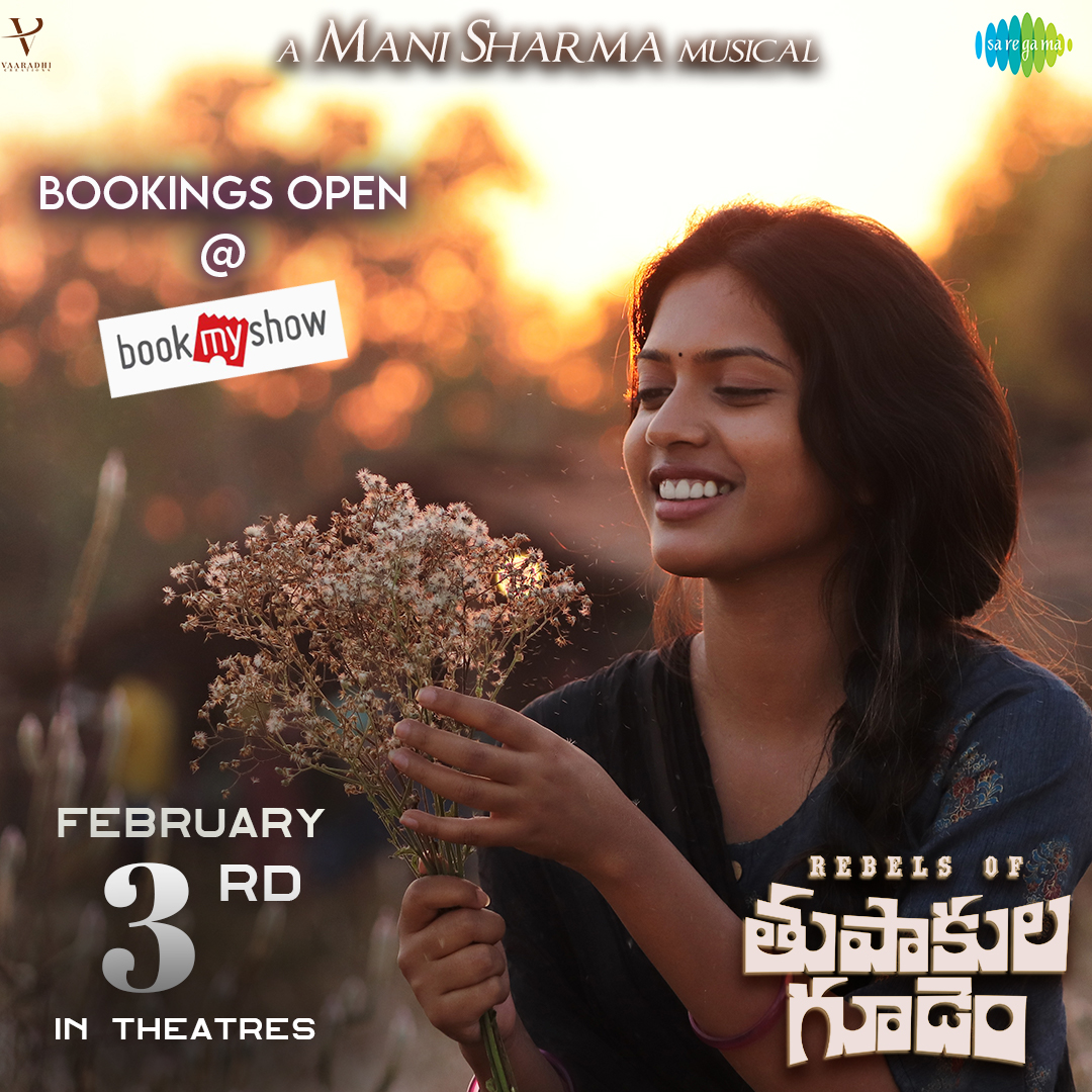 RebelsOfTG's tweet photo. Book your tickets @ #bookmyshow 
https://t.co/ArWdbQ4DPc

Releasing #RebelsofThupakulagudem on Feb 3rd.
#thupakulagudem #manisharma #vaaradhicreations #jaiyetrimakana #praveenkandela #shrikantrathod #jaideepvishnu #santoshmurarikar #SreekanthArpula #platform65 #platoonline https://t.co/xTcxjHsrqQ