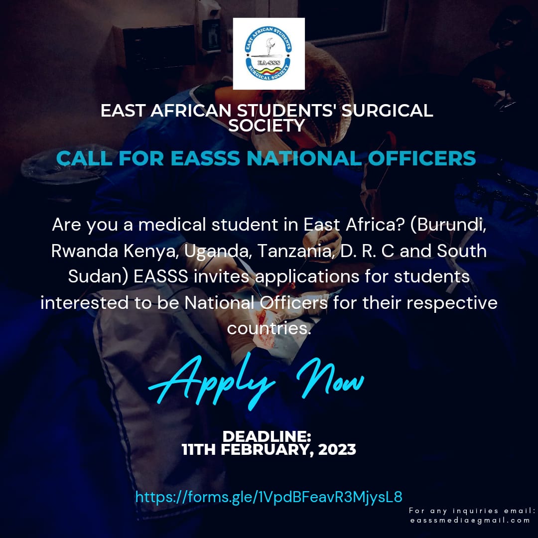 EASSS invites applications from students across medical schools/Universities in East Africa National Officer representatives for their various countries. 
Submit Applications via this form:
forms.gle/1VpdBFeavR3Mjy…
Deadline 11th February, 2023 
info contact :easssmedia@gmail.com