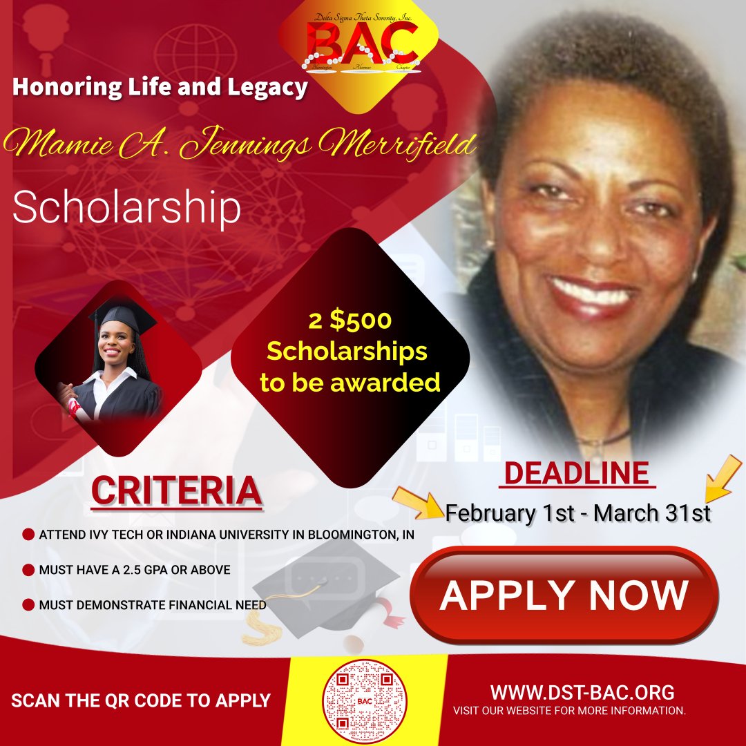 In honor of Soror Mamie A. Jennings Merrifield's unyielding love for Delta Sigma Theta Sorority, Inc., BAC invites applications for the 2023-24 Scholarship. Apply before March 31, 2023. docs.google.com/forms/d/e/1FAI…