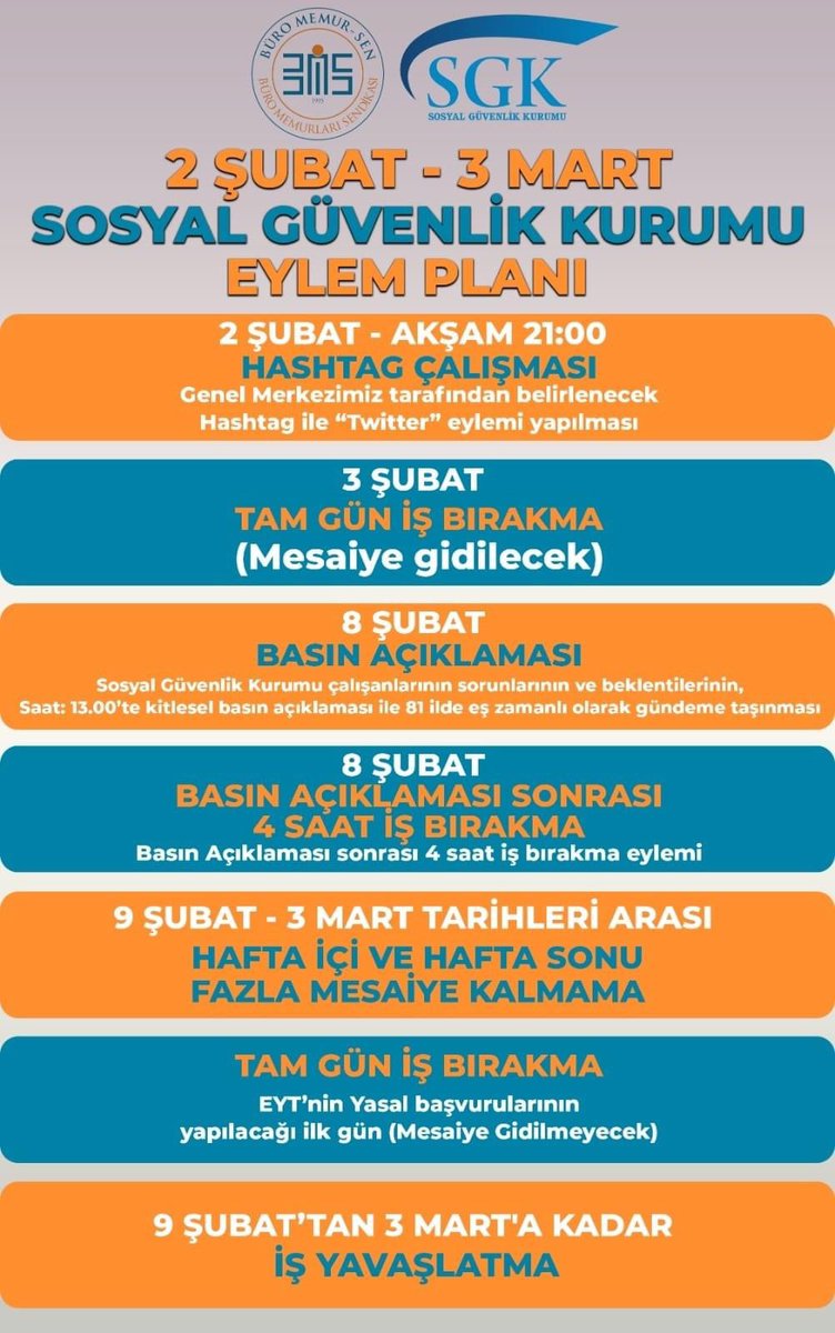 HanifiBorazan's tweet photo. SUS PAYI İSTEMİYOR
SGK'DA EYLEME GİDİYORUZ!

EYT, Sözleşmelilere Kadro, 3600 Düzenlemesi ve Prim Borçlarının Yapılandırılmasının getirdiği iş yükü ve fazla mesainin karşılığını istiyoruz!

SGK PERSONELİNİ EZDİRMEYECEĞİZ
2 ŞUBAT’TAN İTİBAREN EYLEM PLANIMIZI HAYATA GEÇİRİYORUZ. https://t.co/mZD8kHZqXq