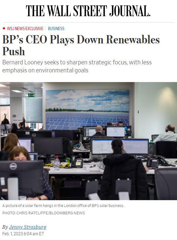InTwits's tweet image. WSJ: #BP CEO Looney has said he is disappointed in the returns from some of the oil giant’s renewable investments and plans to pursue a narrower green-energy strategy, according to people familiar with the discussions... he plans to place less emphasis on so-called ESG goals...