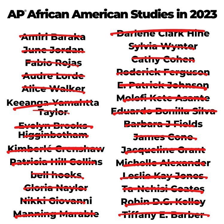 JeanneTheoharis's tweet photo. If you cut out all these authors, what is African American Studies?  Shame on the @CollegeBoard for playing politics and not even making an attempt at a serious African American Studies course for high school students. https://t.co/HEsuZpVrd9