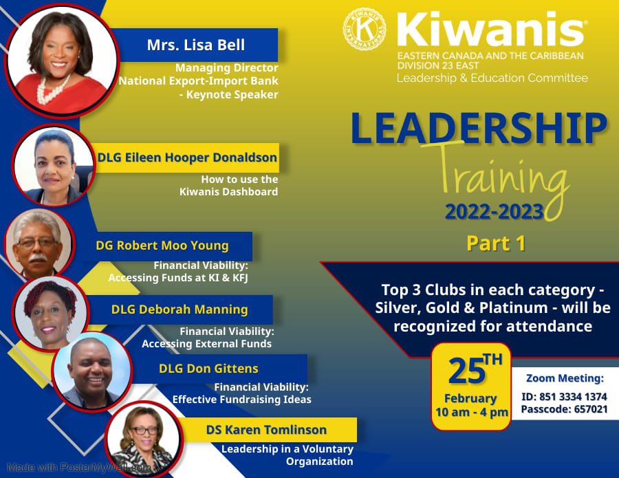 Division 23 East Leadership &amp; Education Committee's Leadership Training Part 1
Time: Feb 25, 2023 10:00 AM America/Jamaica

Join Zoom Meeting
us02web.zoom.us/j/85133341374?…

Meeting ID: 851 3334 1374
Passcode: 657021