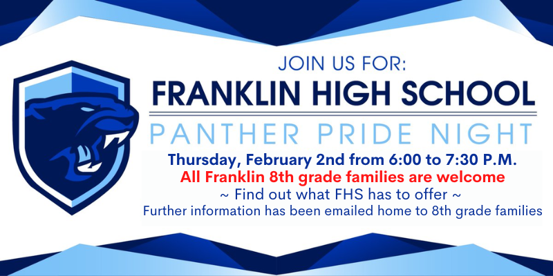 Franklin Public Schools, MA (@franklinpsnews) on Twitter photo Panther Pride night is TOMORROW, Thurs. February 2nd from 6pm - 7:30pm at Franklin High School. 8th grade students and families are invited to learn more about what it means to be a <a href="/FranklinHS/">FranklinHighSchool</a> Panther! franklinps.net/fhs/events/915… Panther Pride night is TOMORROW, Thurs. February 2nd from 6pm - 7:30pm at Franklin High School. 8th grade students and families are invited to learn more about what it means to be a <a href="/FranklinHS/">FranklinHighSchool</a> Panther! franklinps.net/fhs/events/915…