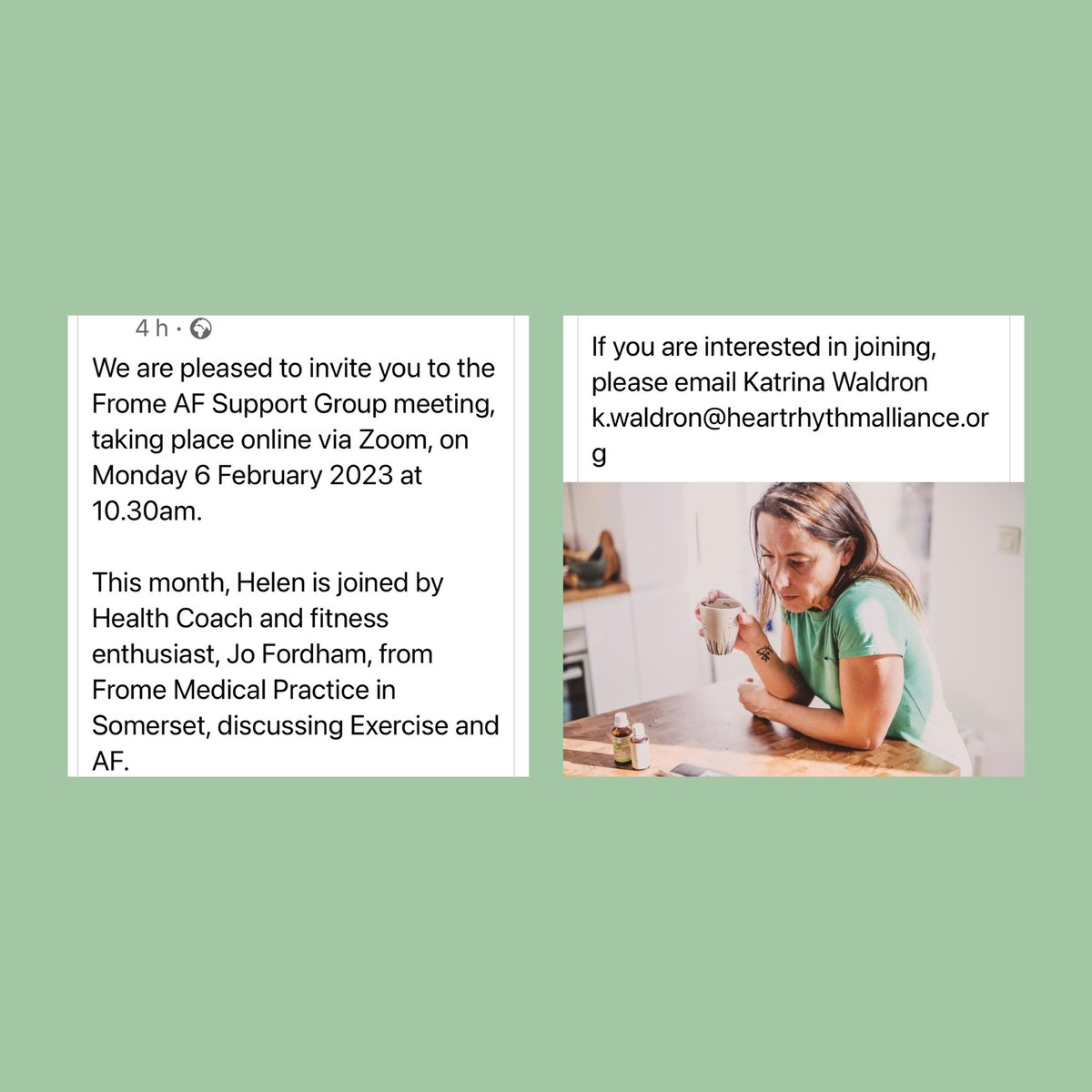 AFMatters (@cphysiologist) on Twitter photo The next AF patient support group meeting will take place in collaboration with Heath & Fitness coach Jo Fordham of <a href="/FromeMedPractic/">Frome MedPractice</a> <a href="/MendipHCM/">Health Connections Mendip</a> on Monday 6th February at 10.30 am. Please get in touch for an online invitation 💚<a href="/KnowYourPulse/">Arrhythmia Alliance</a> <a href="/AtrialFibUK/">AF Association</a> The next AF patient support group meeting will take place in collaboration with Heath & Fitness coach Jo Fordham of <a href="/FromeMedPractic/">Frome MedPractice</a> <a href="/MendipHCM/">Health Connections Mendip</a> on Monday 6th February at 10.30 am. Please get in touch for an online invitation 💚<a href="/KnowYourPulse/">Arrhythmia Alliance</a> <a href="/AtrialFibUK/">AF Association</a>