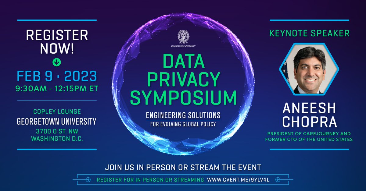 👇Georgetown's Data Privacy Symposium on "Engineering Solutions for Evolving Global Policy" starts in one hour! Don't miss it! 🔐💾⚖️ 