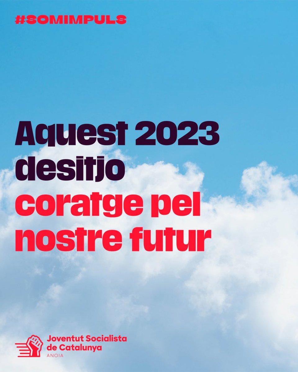 ✨Aquest 2023 desitjo
coratge pel nostre futur.

Iniciem una campanya per explicar els problemes dels i les joves de l’Anoia. Construïm l’alternativa per poder crear un futur al nostre territori.

#SomImpuls 💗