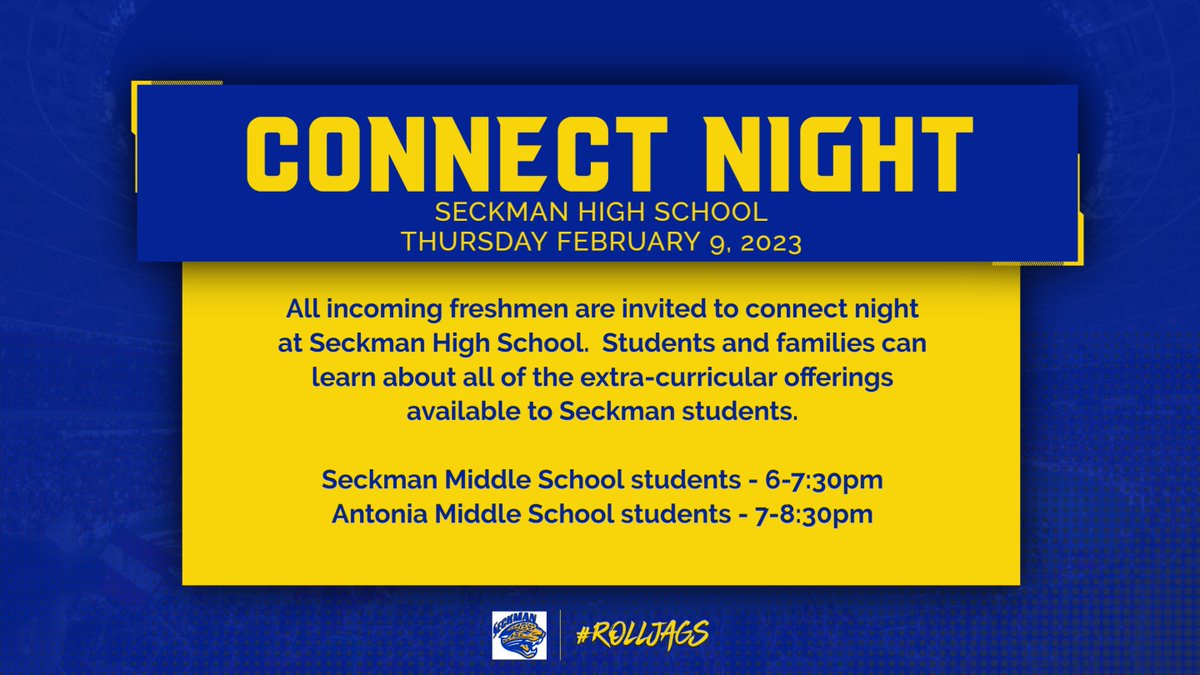 Next Thursday Feb. 9th, we look forward to welcoming our incoming freshmen from <a href="/SMSJags/">Seckman Middle School</a> and <a href="/AntoniaMSFOX/">AntoniaMS</a> 

Learn about everything Seckman HS has to offer.